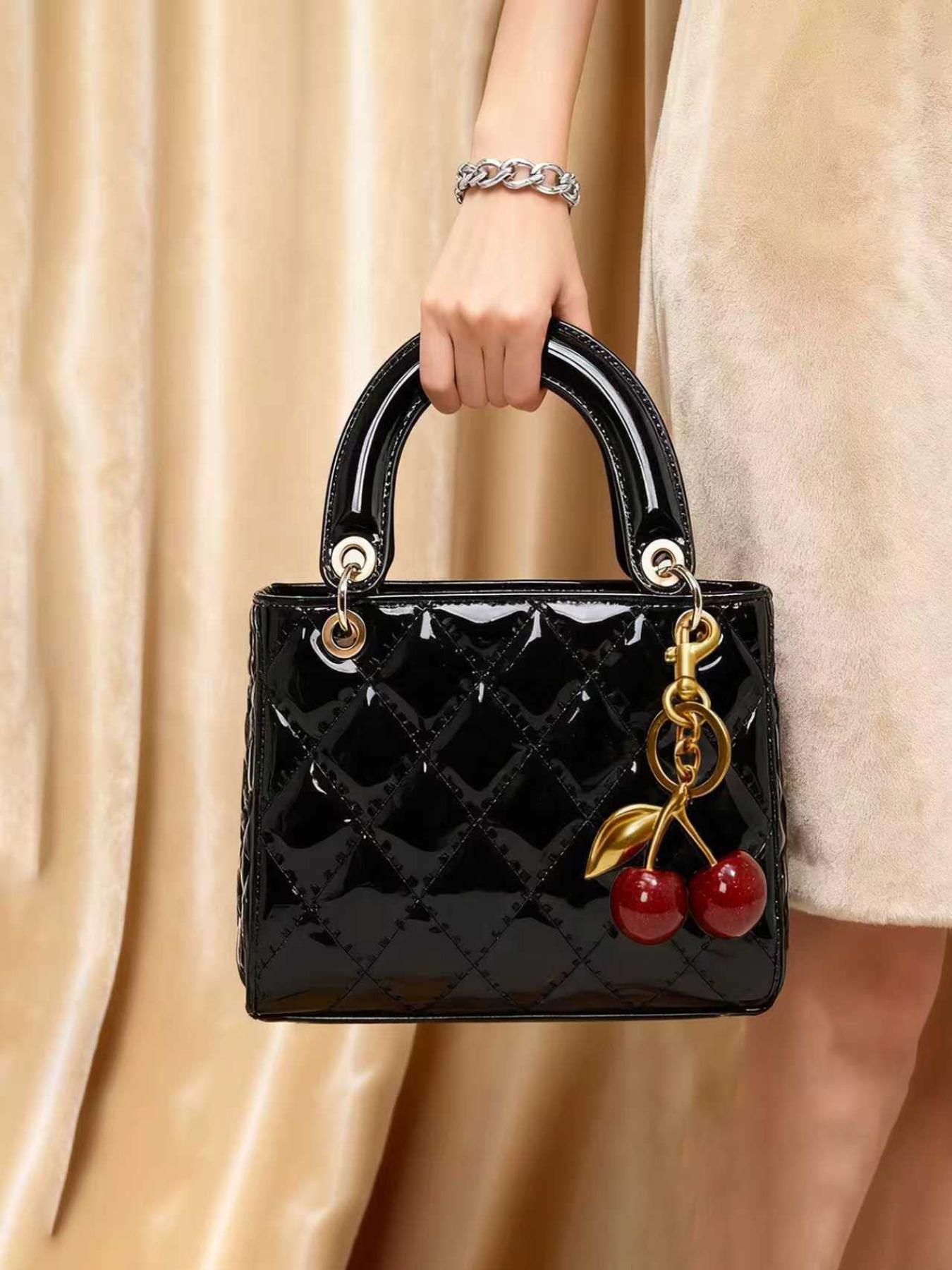 Checkered Bag with Cherry Charm, Fashionable Versatile Handbag, Elegant Women's Shoulder Crossbody Bag, Casual Style, Casual Handbag Satchel, Handheld Bag Purse