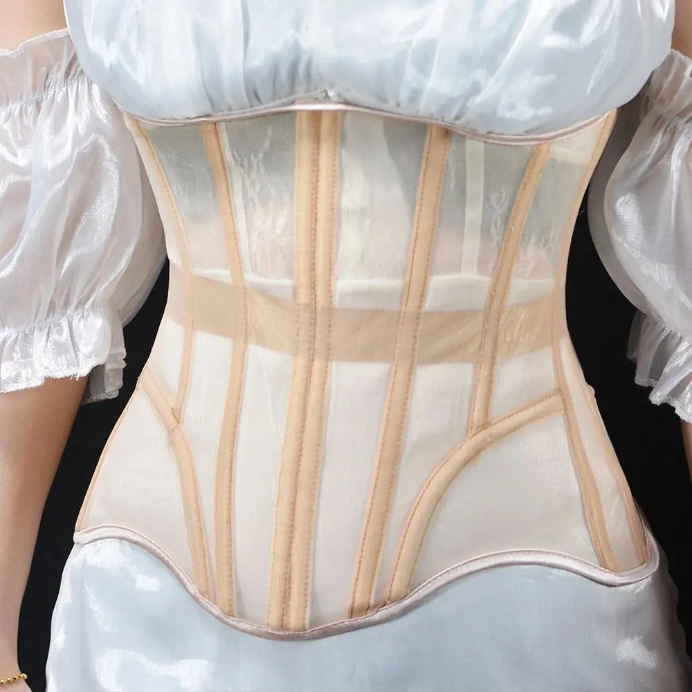 Femal Abdomen Tight Corset Crops Under Bust Bustiers Breathable Mesh Waist Girdle With Bones Lace Up Bodices