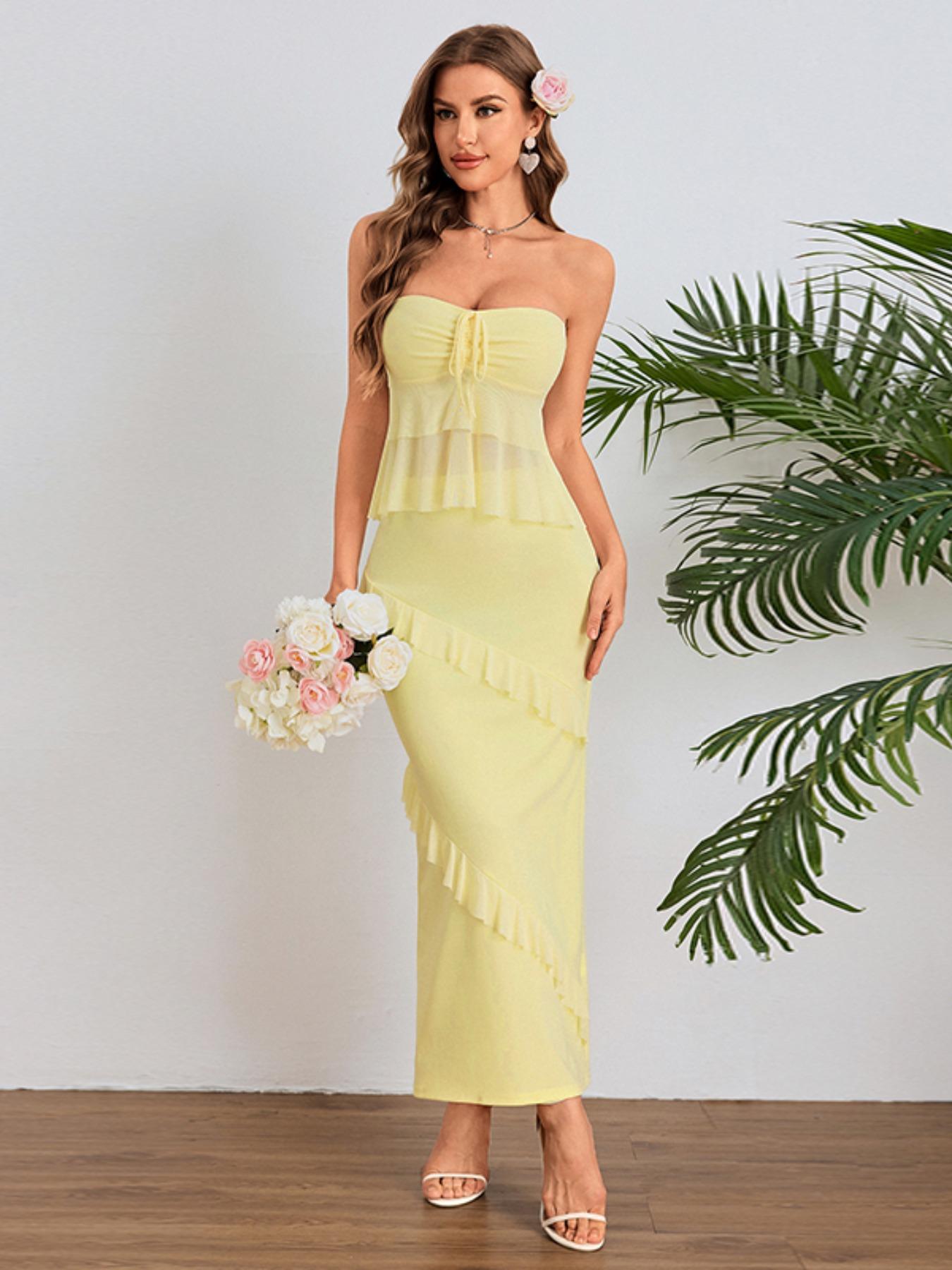 Women's Solid Blackless Tube Top & Ruffled Bodycon Skirt Set, Casual Fashion Cozy Two-piece Outfits for Daily Holiday Vacation Wear, Ladies Clothes for Summer Easter