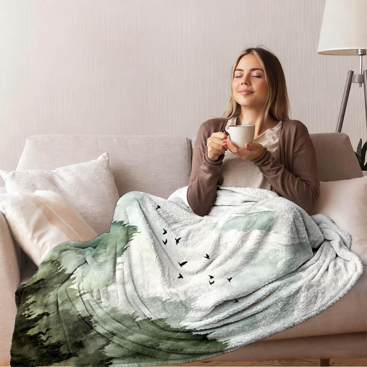 Landscape Bird Print Blanket, Simple Flannel Throw, Breathable All-Season, Sofa Bed Tail Bedroom Decor, Gift for Home Pets