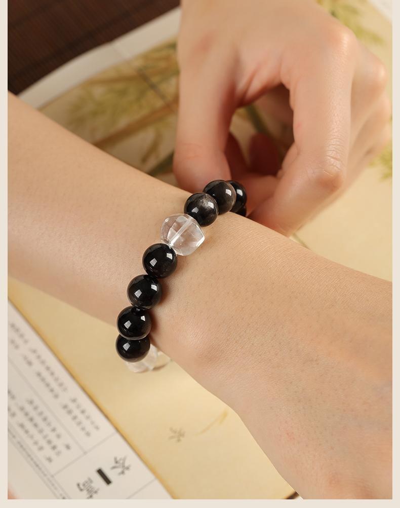 [Tai Chi Balance] crystal bracelet, white crystal silver obsidian, unisex, daily wear gift, 10mm beads natural stone, yin yang balance peace symbol