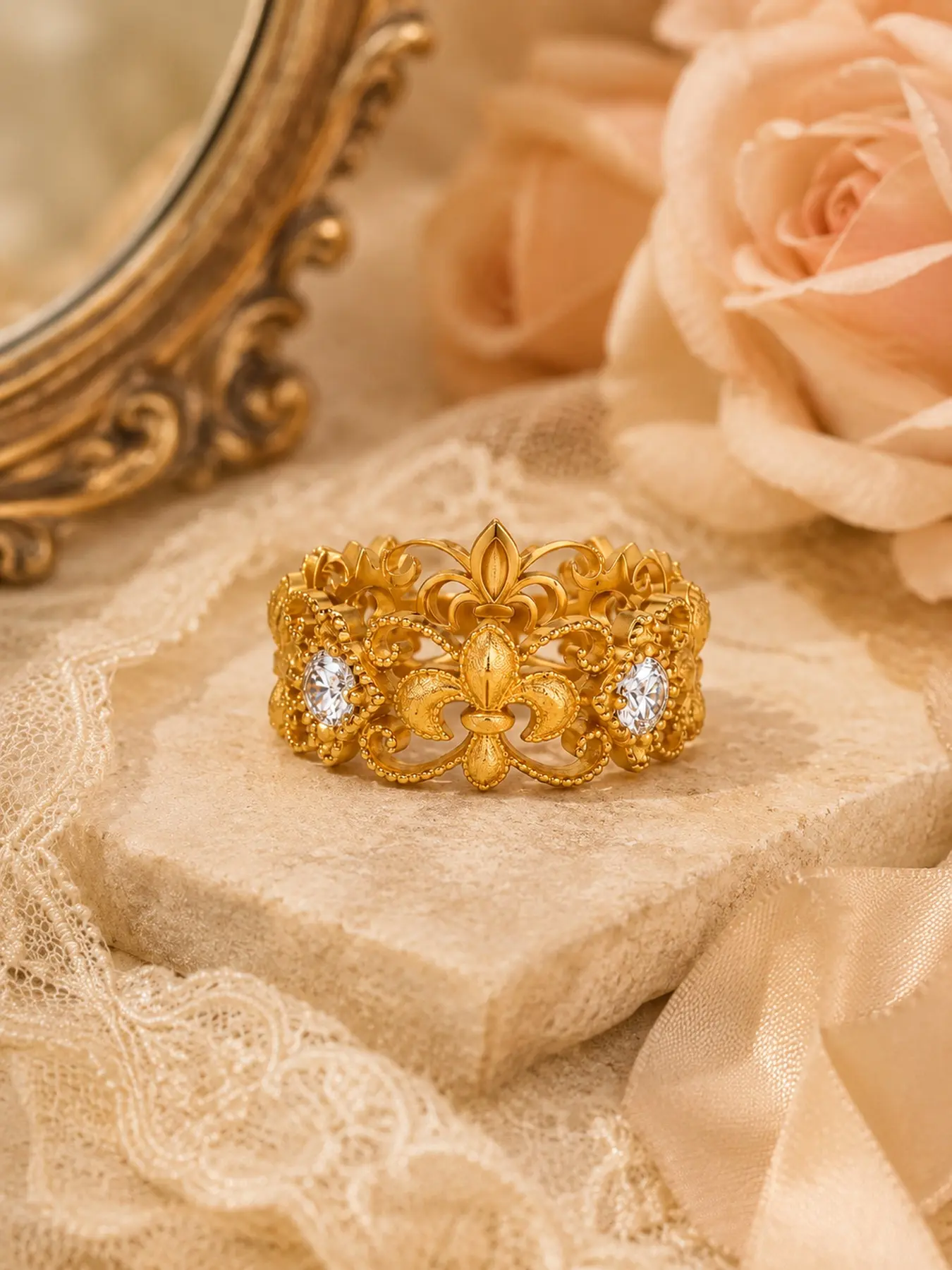 Vintage Gold Fleur de Lis Statement Ring for Women, Baroque Filigree Crystal Wide Band, Royalcore Aesthetic Jewelry Gift for Her, Elegant Fashion Rings