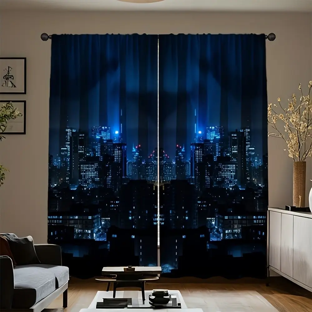 City Night Scene Print Curtains Set, Fashionable Rod Pocket Window Drapes for Bedroom & Living Room, Comfortable Atmosphere, Easy Installation, Home Decoration Curtain, Home Decorative Curtain
