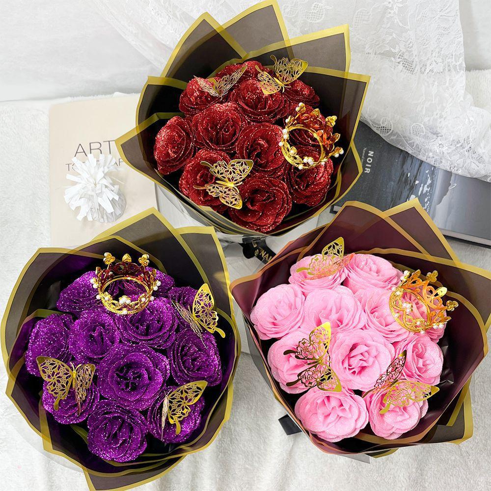 24/36 Pcs Glitter Roses Bouquet DIY Fake Flowers Set with 3D Butterflies Crown Alphabet Stickers Ribbon Mother's Day Gift for Mom Girlfriend Wife Women Valentine's Day Birthday Engagement Wedding Anniversary Graduation Gift TikTok Viral Aesthetic Craft