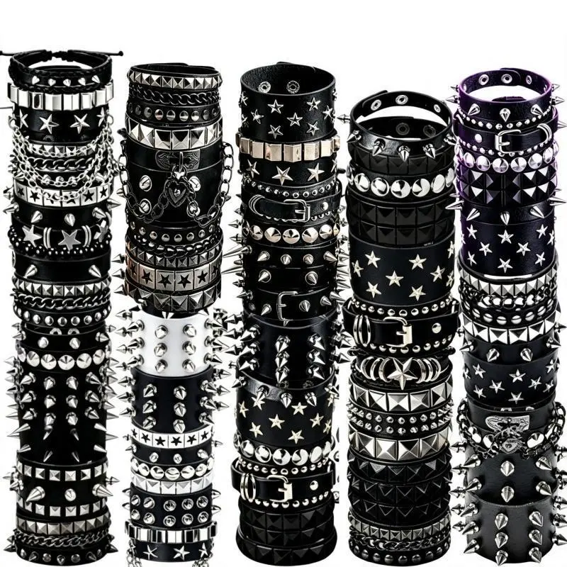 Vintage PU Leather Adjustable Stack Bracelets Set (4/6/8/12/15Pcs) - Gothic Rivet Buckle Cuff Wristband, Stacked Bracelets for Women, Halloween Costume Accessories, Punk Matching Sets for Parties & Gifting
