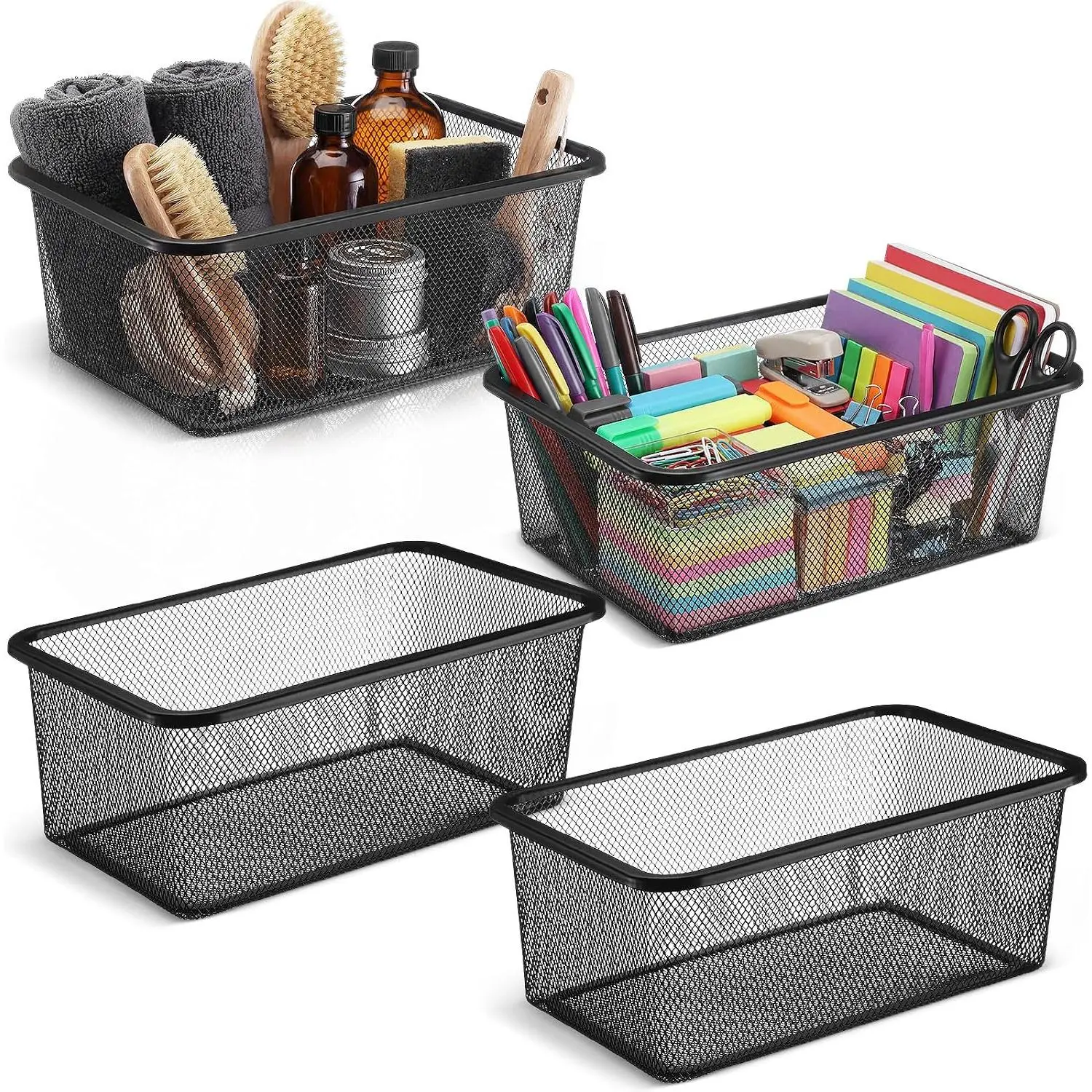4 Pack Metal Mesh Storage Baskets, Metal Wire Organizer Bins, Stackable Pantry Containers for Kitchen, Cabinet, Fridge, Closet, Bathroom, Makeup and Home Organization(Black,Small)