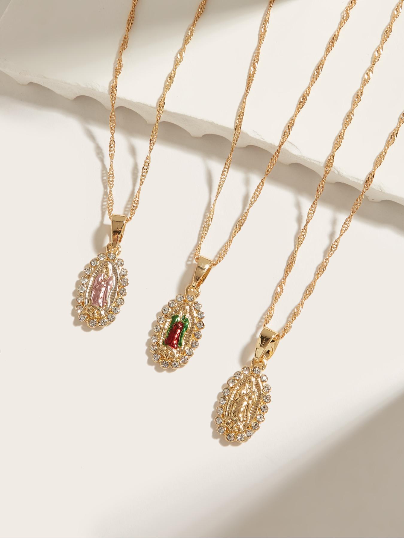 1pc Women's 14K Virgin Mary Mama Our Lady Guadalupe Pendant Necklace, 1.2mm Wave Chain, Unisex Jewelry, 18 Inch, Perfect Religious Gift