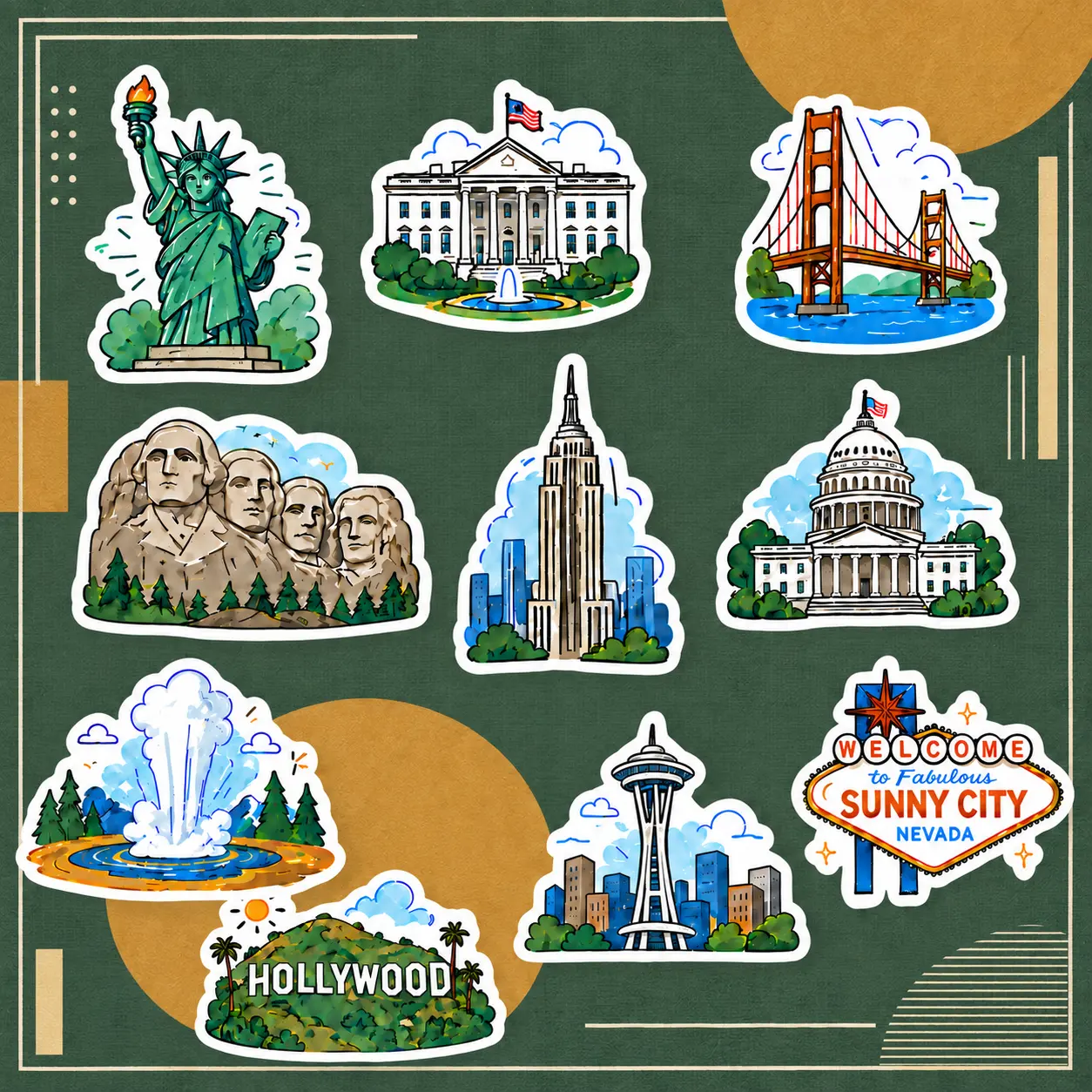 Reflective USA Landmark Sticker Pack - Famous American Souvenir Decals, Waterproof Adhesive Stickers for Scrapbooks, Laptops, Luggage & Outdoor Gear