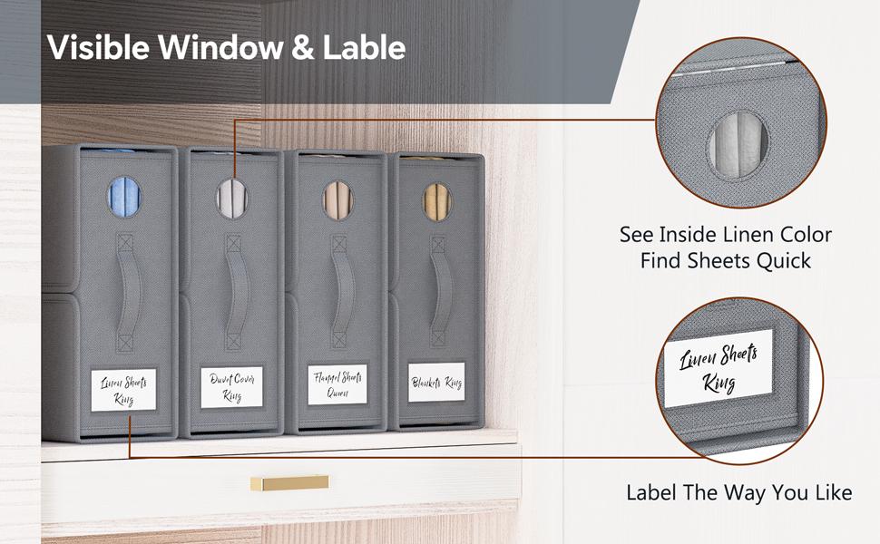 【Gift Box】TRZZ Foldable Bed Sheet Storage Bins 4-Pack | Queen/King Size Oxford Fabric Organizers with Transparent Windows & Reinforced Handles | 15"×13"×5"