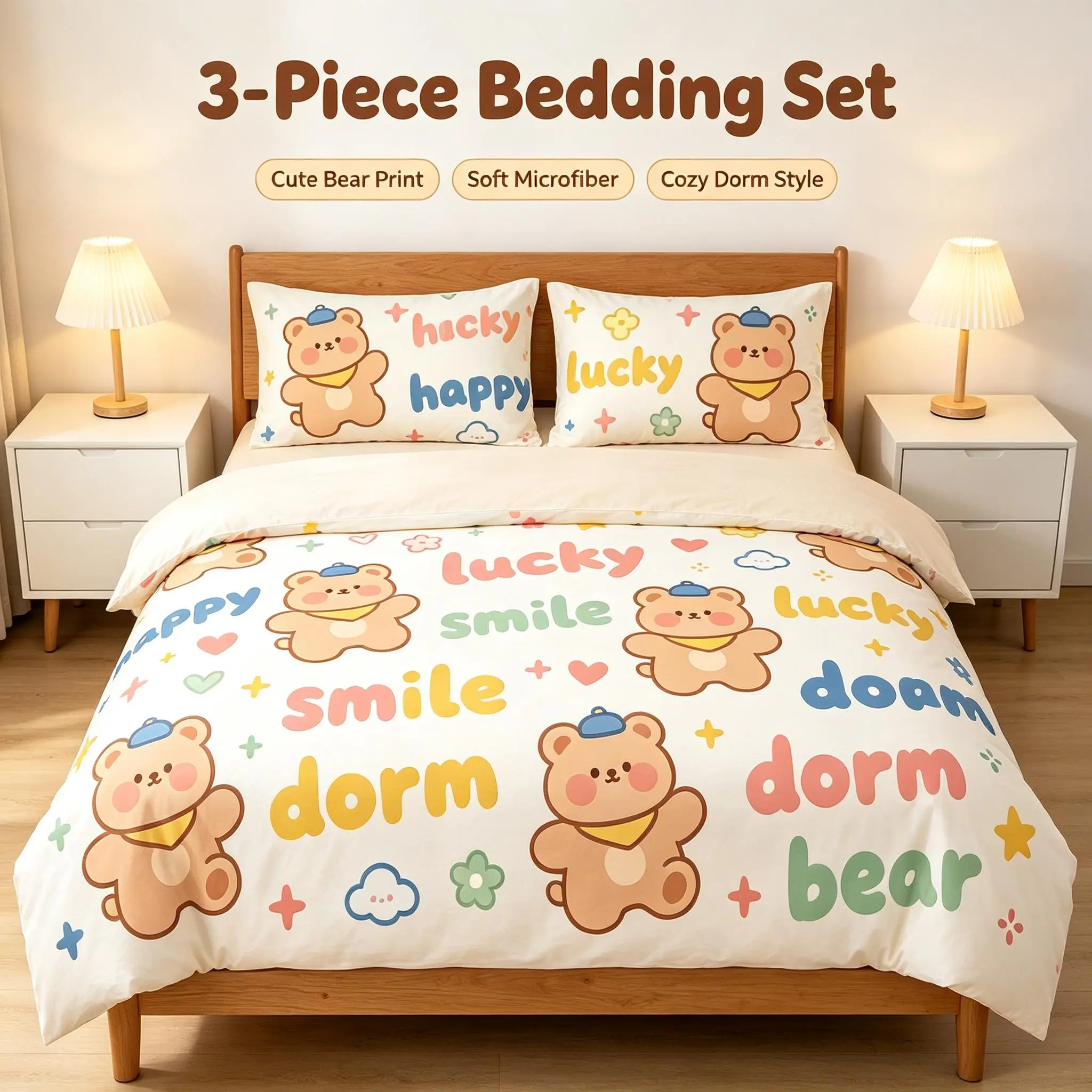 Duvet Cover Set, Cozy Dorm Bedding with Adorable Bear Design and Motivational Words for Comfortable Sleep sohochic