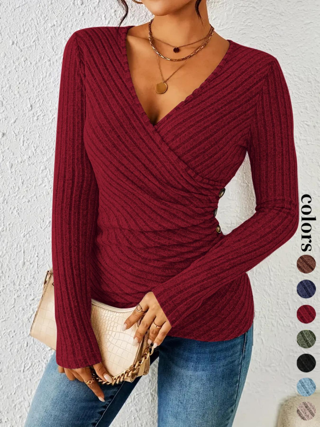 Women's New Style Solid Color Crinkle Cross Neck Long Sleeve Button Front Top, Casual Fashion Blouse for Daily Wear