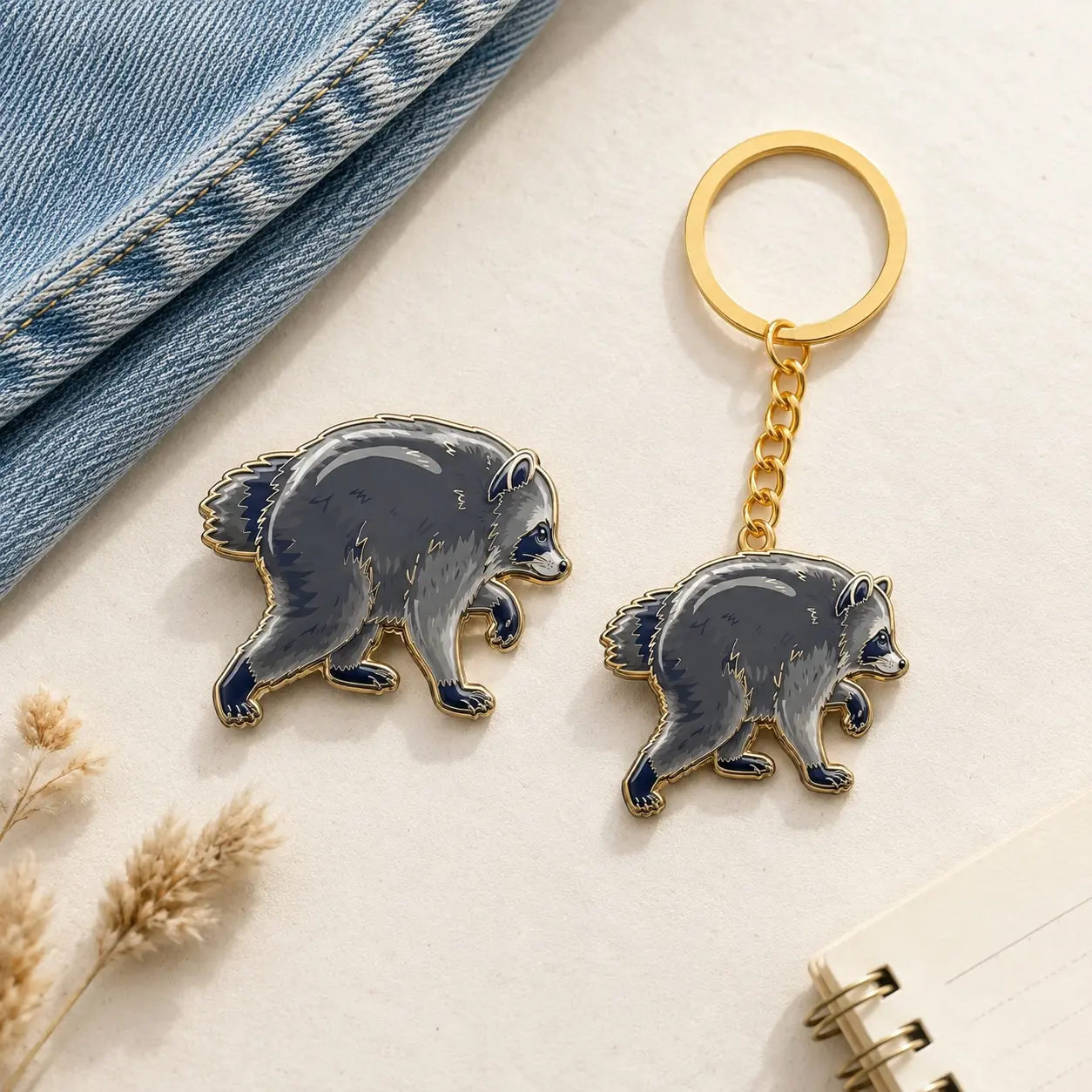 Cute Animal Enamel Metal Raccoon Motif 2-Piece Brooch Pin-Keychain Gift Set, Festive Fall-Thanksgiving Woodland Accessories, Gift Ideas for Jackets, Bags, Keys, Christmas Stocking Stuffer