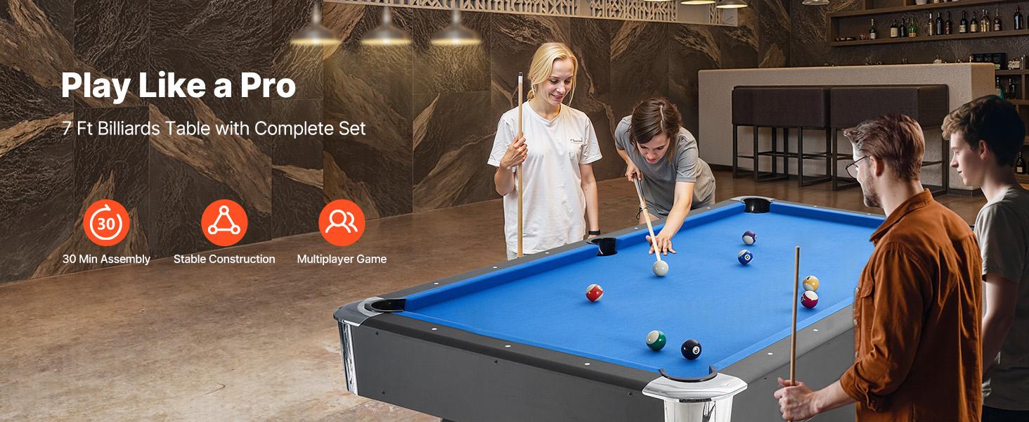 VEVOR Pool Table, 7 ft Portable Billiards Tables, Adjustable Feet Stable Game Table, Entertainment Set Includes Ball, Cue, Rack, Chalk and Brush, Black with Bule Cloth, for Family Use, Recreation Room VEVOR Pool Table, 7 ft Portable Billiards Tables, Adjustable Feet Stable Game Table, Entertainment Set Includes Ball, Cue, Rack, Chalk and Brush, Black with Bule Cloth, for Family Use, Recreation Room
