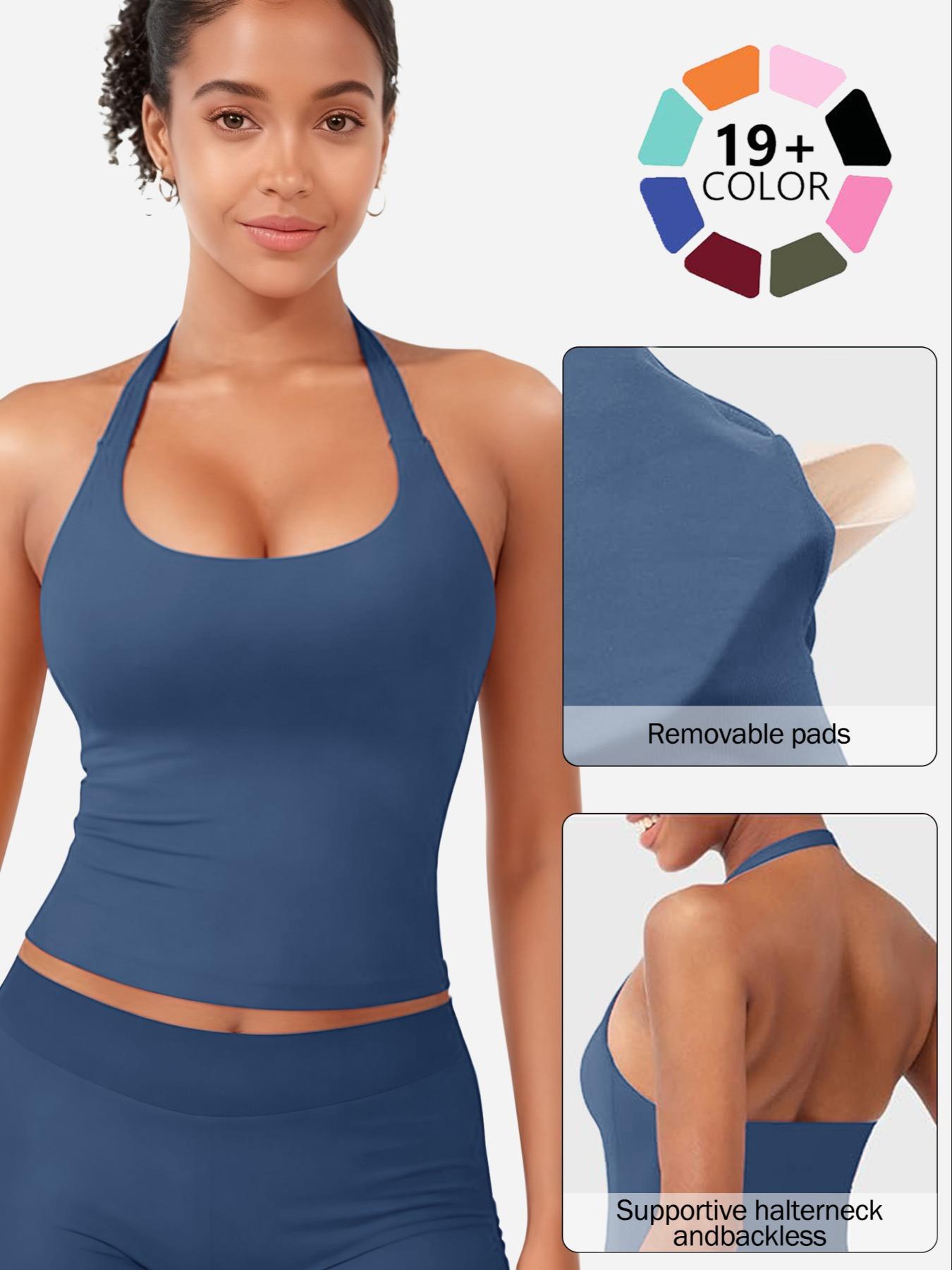 Women's Solid Removable Chest Pad Sports Tank Top, Casual Comfort and Durability Halter Neck Sports Top for Yoga Gym Workout, Ladies Sportswear for All Seasons, Backless Sports Vest, Hollow Back Activewear
