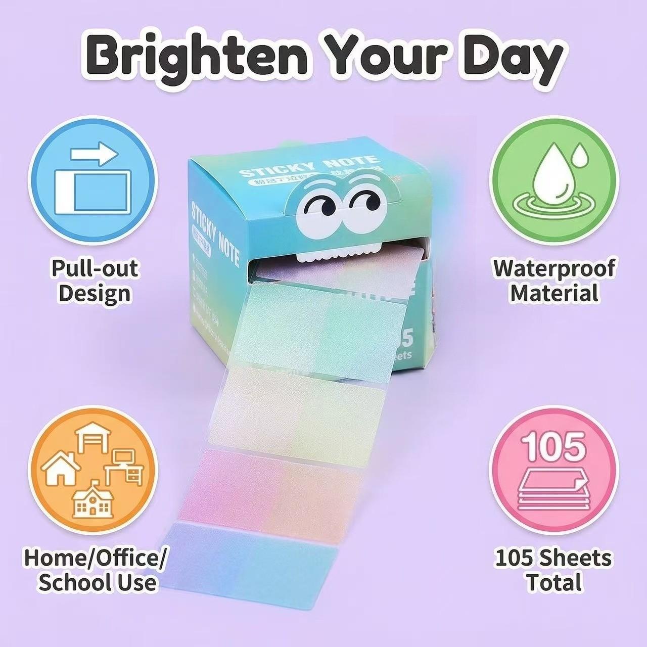 105pcs Rainbow Dopamine color matching pearlescent waterproof post-it notes, pull-out design and easy to use self-adhesive post-it, which is the first choice for colorful and interesting stationery gifts in families, schools and offices.