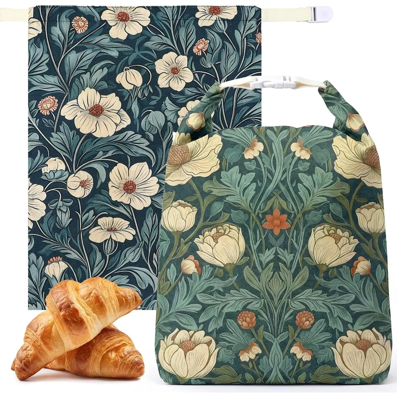 Hushee 2 Pcs Beeswax Bread Bags for Sourdough, XL, William Morris Flower| 13 x 16 Inch Bread Bags for Homemade Bread, Reusable Organic Linen Cotton Storage Bags, Keep Loaves Fresh Longer