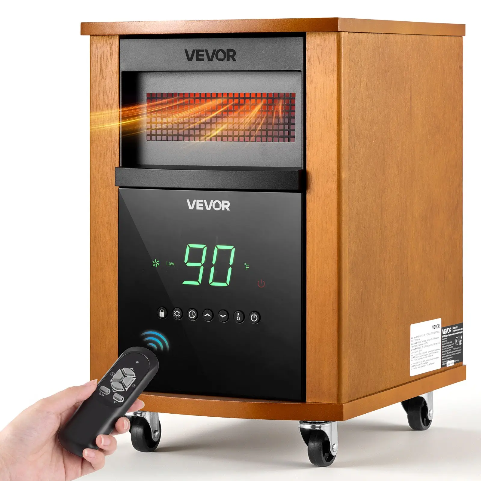 VEVOR 1500W Power Infrared Electric Space Heater with Remote Control, 3 Heat Settings, 12H Timer, Overheat Shut-Off, Portable Wheels, Premium MDF Wood Light Finish for Indoor Bedrooms, Offices