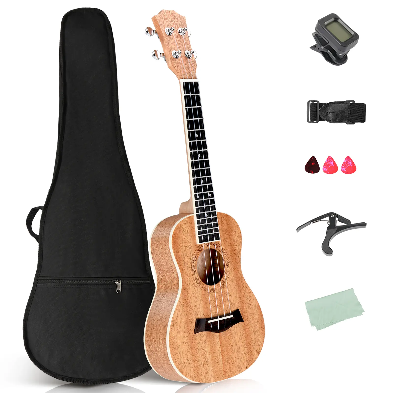 23 Inch Ukulele, Mahogany Body with Rosewood Fingerboard, 16 Fret Acoustic Ukulele for Beginners and Music Practice, Carry Bag Capo Strap Picks
