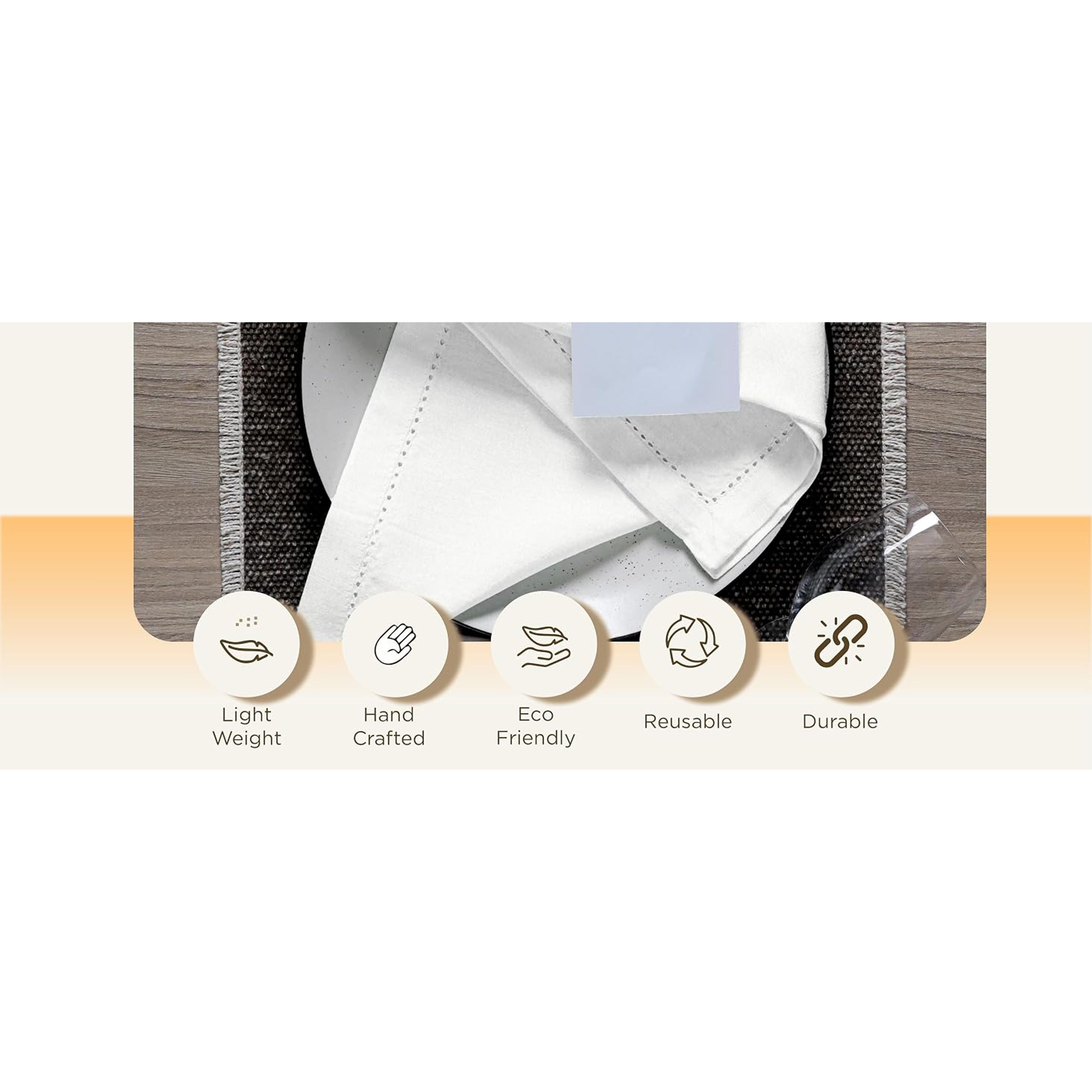 Rustic Traditional Reusable Washable Flax Cotton Dinner Napkins Set of 12, 20x20 in White Hemstitched Cloth Napkins with Mitered Corners, Oversized for Parties, Weddings