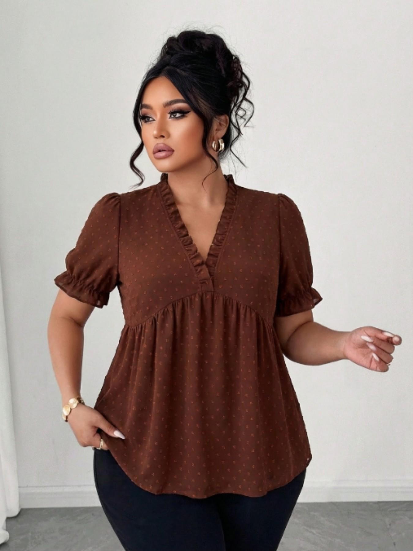 Plus Size Women's V Neck Ruffle Babydoll Shirt, Loose Fit Summer Blouse, Fashionable Comfortable Design, Ideal for Daily Wear, Perfect for Casual Occasions