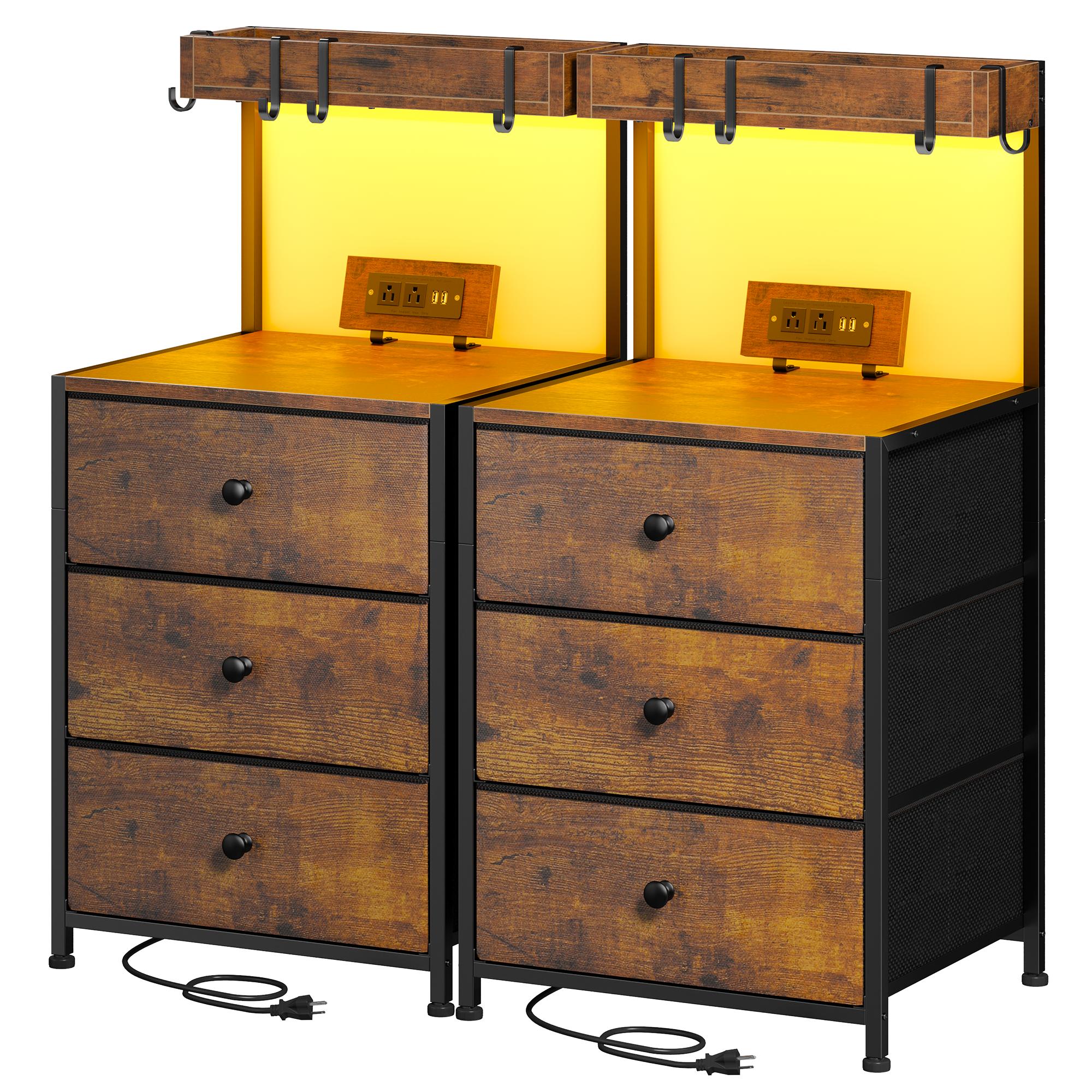LED Nightstand Set of 2 with 3 Fabric Drawers & Shelf & Hooks, Tall Nightstand with LED & Power Outlet , End Table with Charging Station, Bed Side Table for Bedroom Furniture, White, Black, Rustic Brown