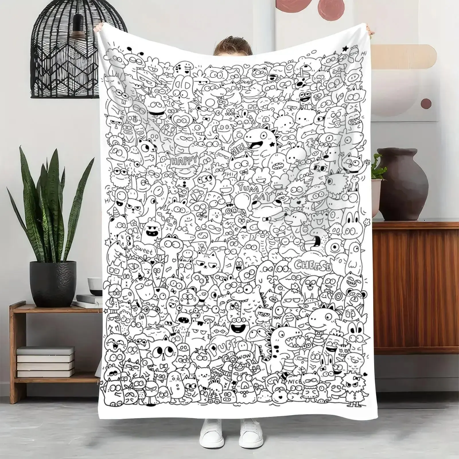 Multi-Size DIY Color-Your-Own Doodle Flannel Throw Blanket - Kids Creative Coloring Arts & Crafts Fleece Bedding for Fun Activities, Home Decor Gifts