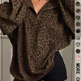 Women's Leopard Print Half Zip Pullover Oversized Drop Shoulder Long Sleeve Top Contrast Cuff & Hem Loose Relaxed Fit Casual Streetwear Trendy Animal Pattern Sweatshirt