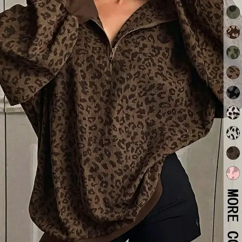 Women's Leopard Print Half Zip Pullover Oversized Drop Shoulder Long Sleeve Top Contrast Cuff & Hem Loose Relaxed Fit Casual Streetwear Trendy Animal Pattern Sweatshirt