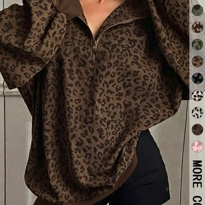 Women's Leopard Print Half Zip Pullover Oversized Drop Shoulder Long Sleeve Top Contrast Cuff & Hem Loose Relaxed Fit Casual Streetwear Trendy Animal Pattern Sweatshirt