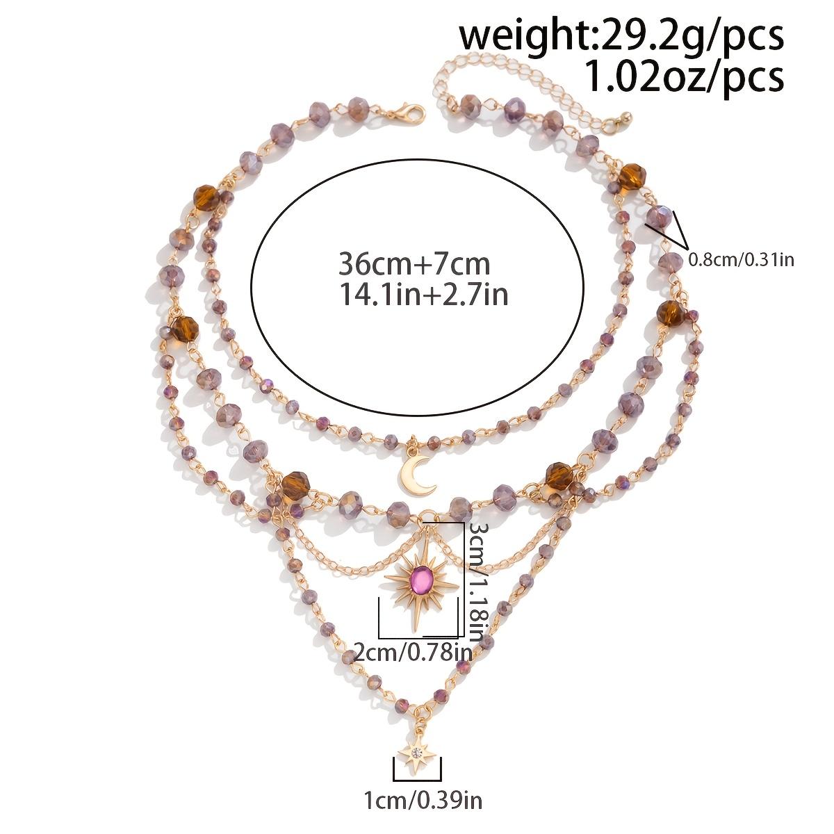 Women's Elegant Multi-Layer Gradient Purple Coffee Crystal Bead Necklace - Cuban Link Chain, Sparkly Sun-Moon-Star & Heart Charms, Gold-Metal Coating, Gothic Hippie Daily Female Stackable Costume Jewelry