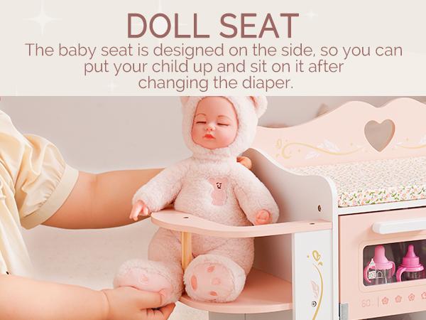 ROBUD Baby Doll Crib, Pink Baby Doll Beds, Wooden Doll Changing Station with Seat, Bottle Sterilizer, Washing Machine and Storage, Doll Accessories of Toy Crib to Kids