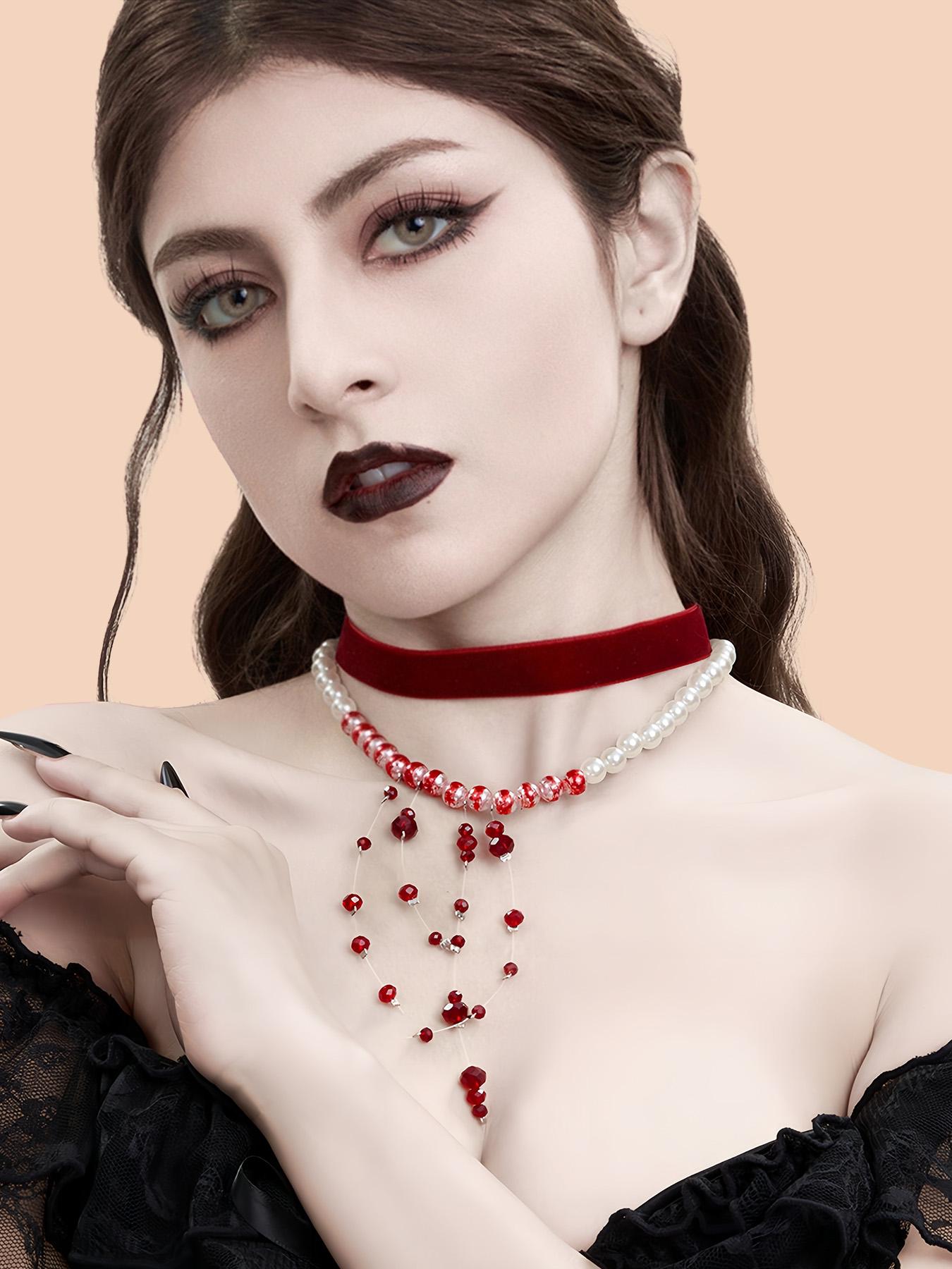 2-Piece Sexy Gothic Choker Necklace Set, Swan Flocking and Pearl Crystal, Perfect for Parties, Halloween, Valentine's Day, Daily Wear