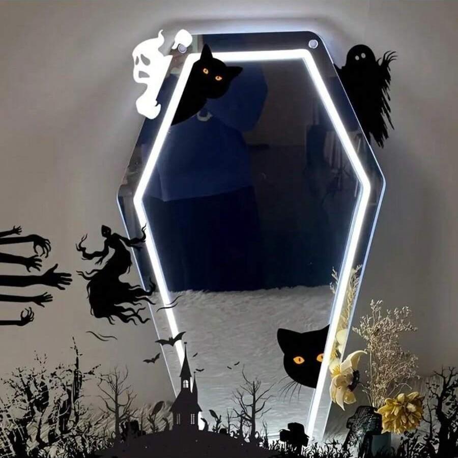 Gothic Coffin Shape Neon Wall Mirror, USB Powered, Glass Surface, Irregular Art Style, Perfect for Dark Art Lovers and Holiday Gifts