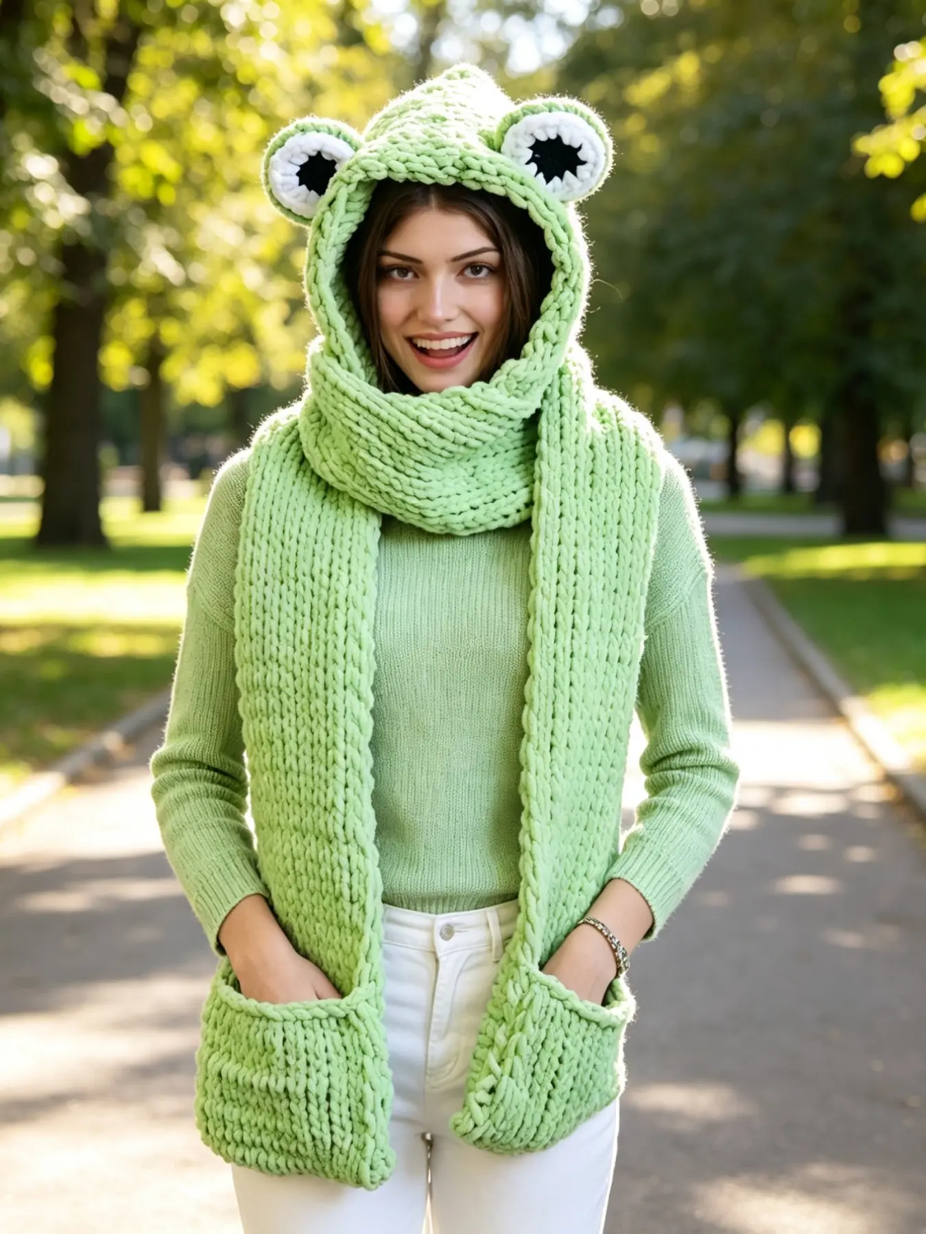 Handmade Chunky Knit Frog Hooded Scarf with Pockets & 3D Eyes, Cute Green Animal Hat Scarf Combo for Winter, Y2K Cottagecore Cozy Wrap, Novelty Gift for Women & Girls