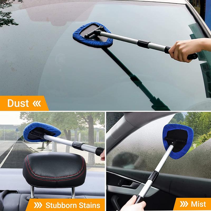 Windshield Cleaner Tool with Extendable Handle,Portable Car Interior Window Cleaning Kit , 3Microfiber Towel Pads, Auto Glass Wiper for Windshield, Trucks, SUVs, RVs, and Home Windows