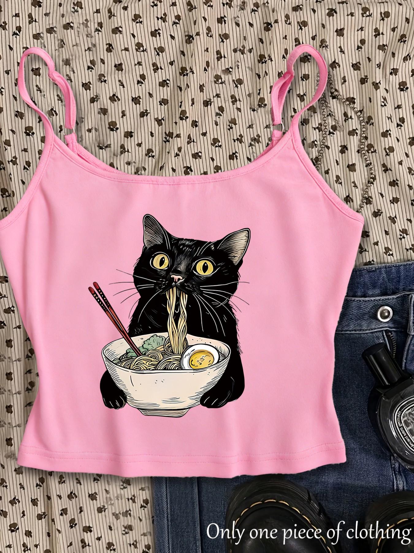 Y2K Gothic Style Cat Print Crop Top, Adjustable Straps, Slim Fit, Sleeveless, Streetwear, Summer New Arrival, Daily Wear, Office