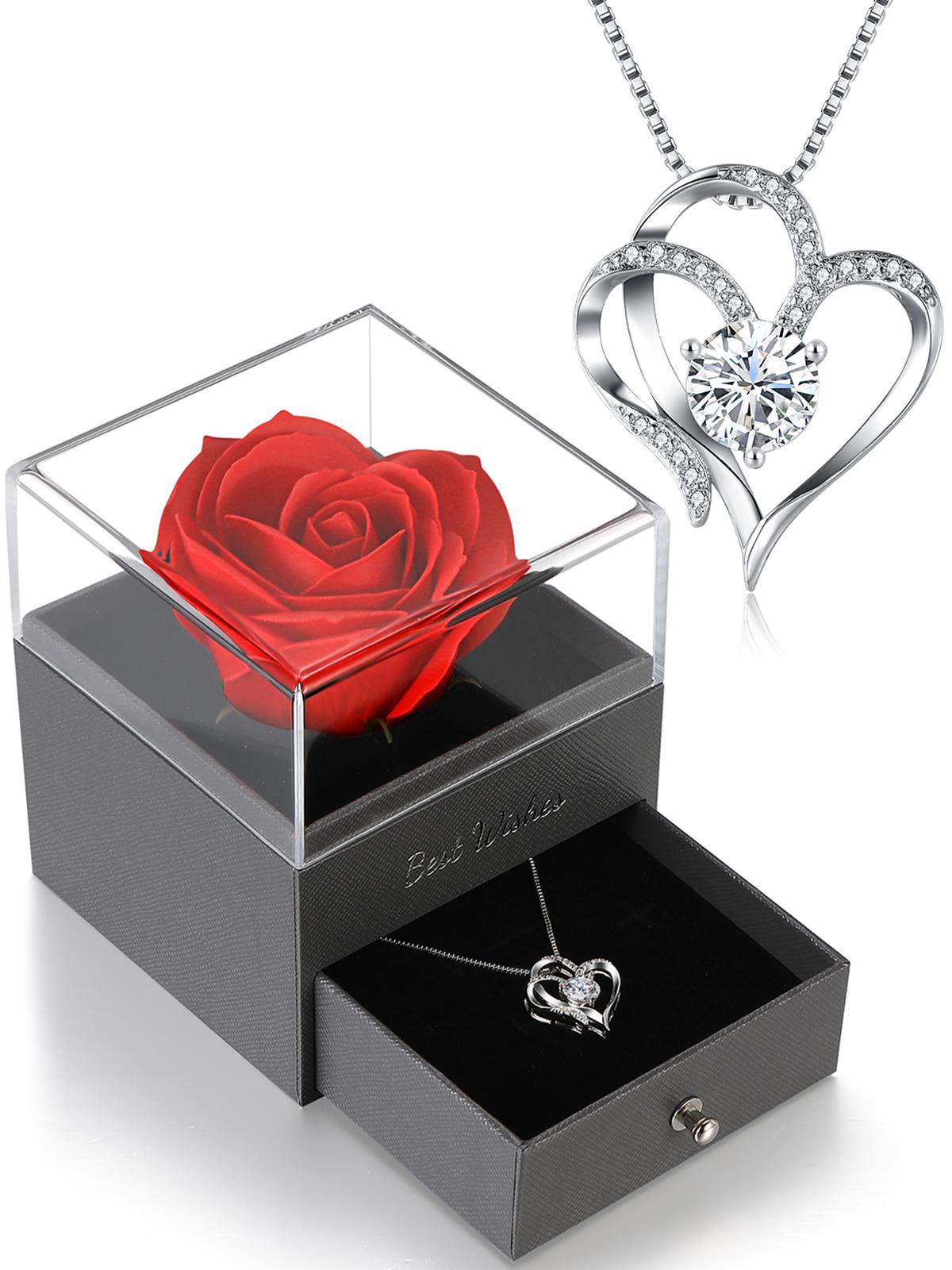 gifts for Women, Preserved Rose with Heart Necklace, gifts for Mom Wife Women Sister Grandma Girlfriend Her, Mothers Day  gifts from Daughter Son Birthday Christmas Valentines Day decorative gift box