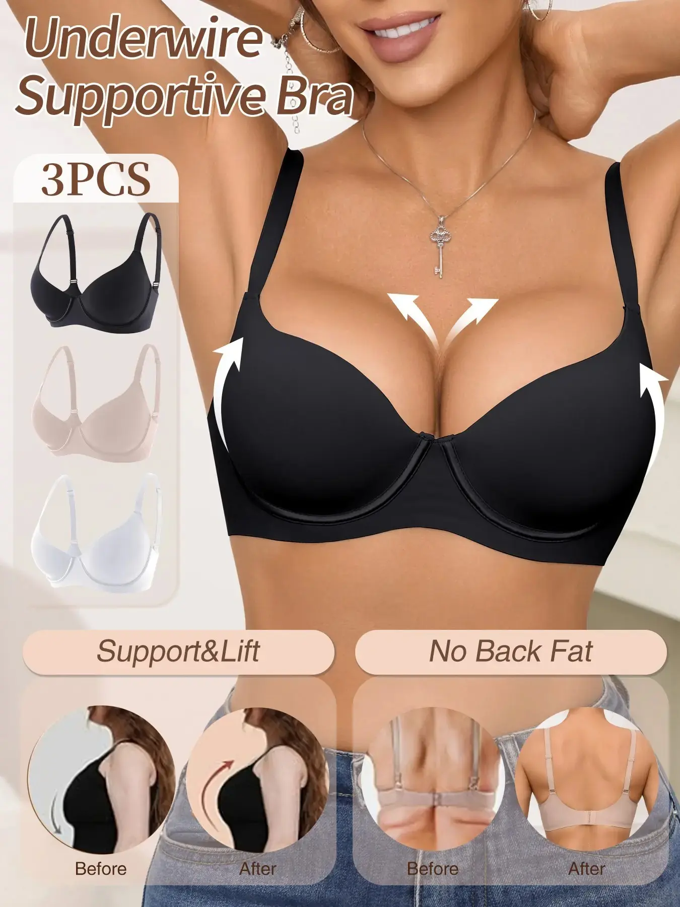 3-Pack Simple Comfortable Smooth Jelly Bra, Adjustable Wide Straps, Steel Ring, Push-Up Lift, One-Piece Padded, Women's Daily Wear Underwear