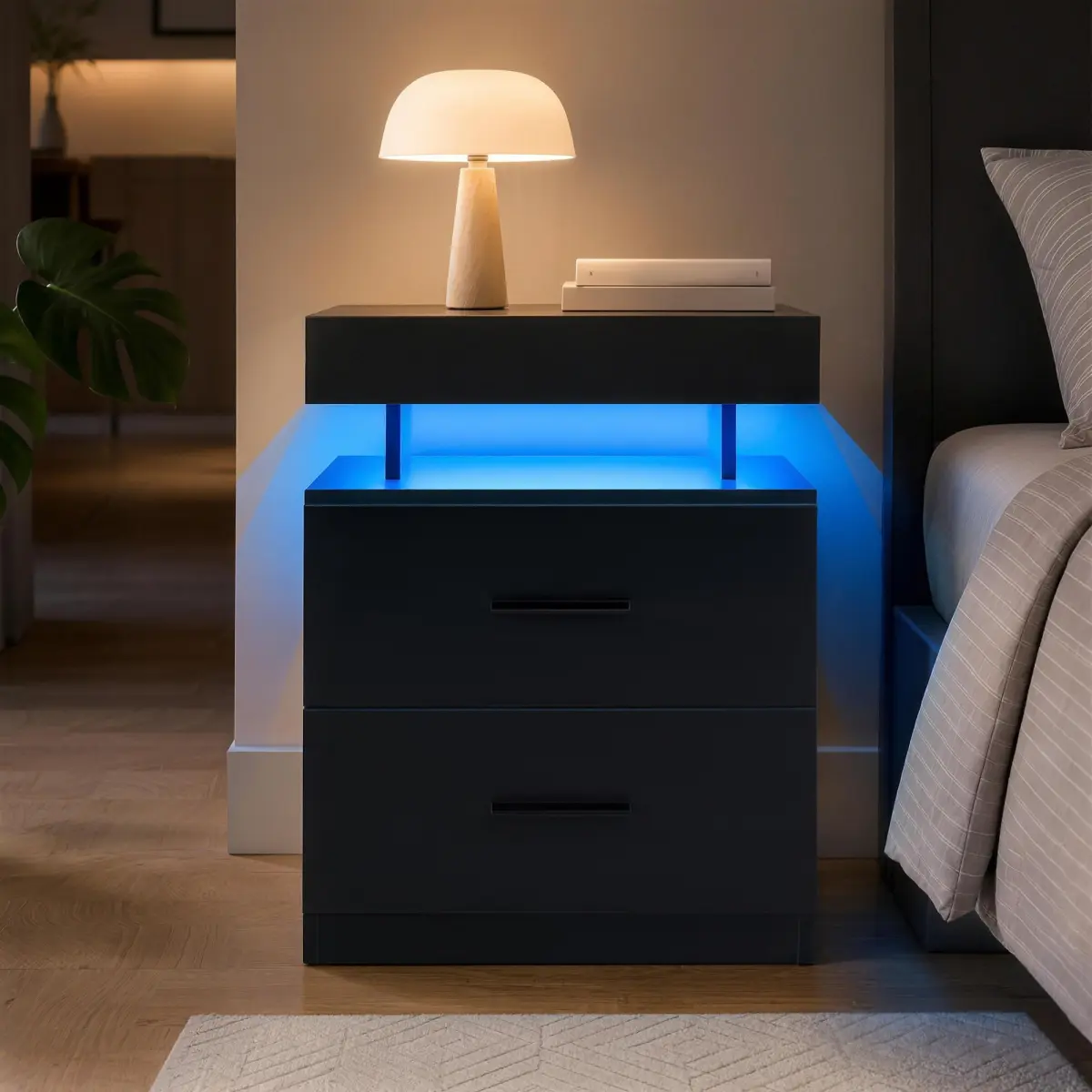 RGB LED Nightstand with 2 Fabric Drawers, 16 Color Changing Bedside Table, App & Remote Control Modern End Table for Bedroom 2-piece set