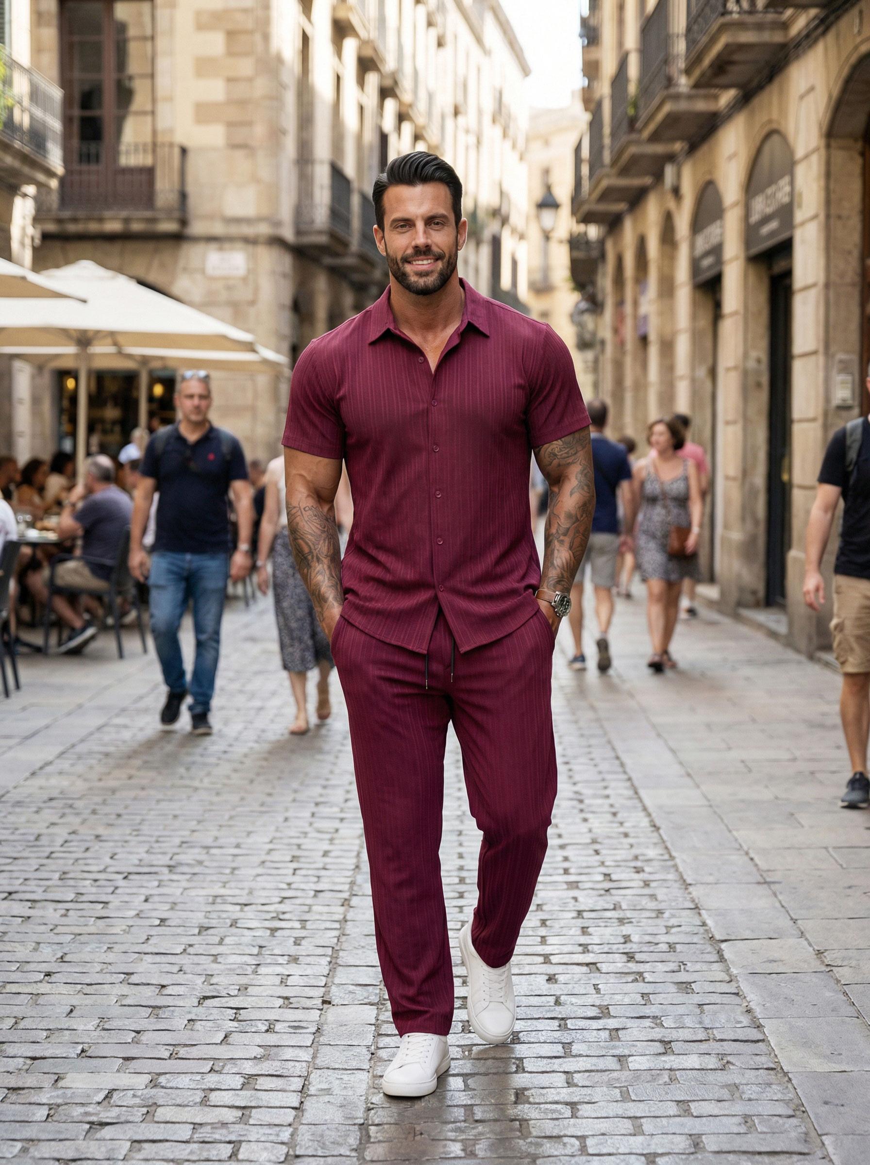KZZ Men's Maroon Button-Front Shirt & Drawstring Pocket Trousers Set - Casual Short Sleeve Fitted Shirt & Elastic Waist Trousers for Summer Wear - Formal Menswear, FallFreshness Shortsleeve christmas gifts for him SpringStatements