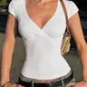 Spring Summer Cross-Fold Short Sleeve T-Shirt Y2kv Neck, Casual Vintage Versatile Crop Top for Women, Basic Fashion Tee, Casual Tee Shirts