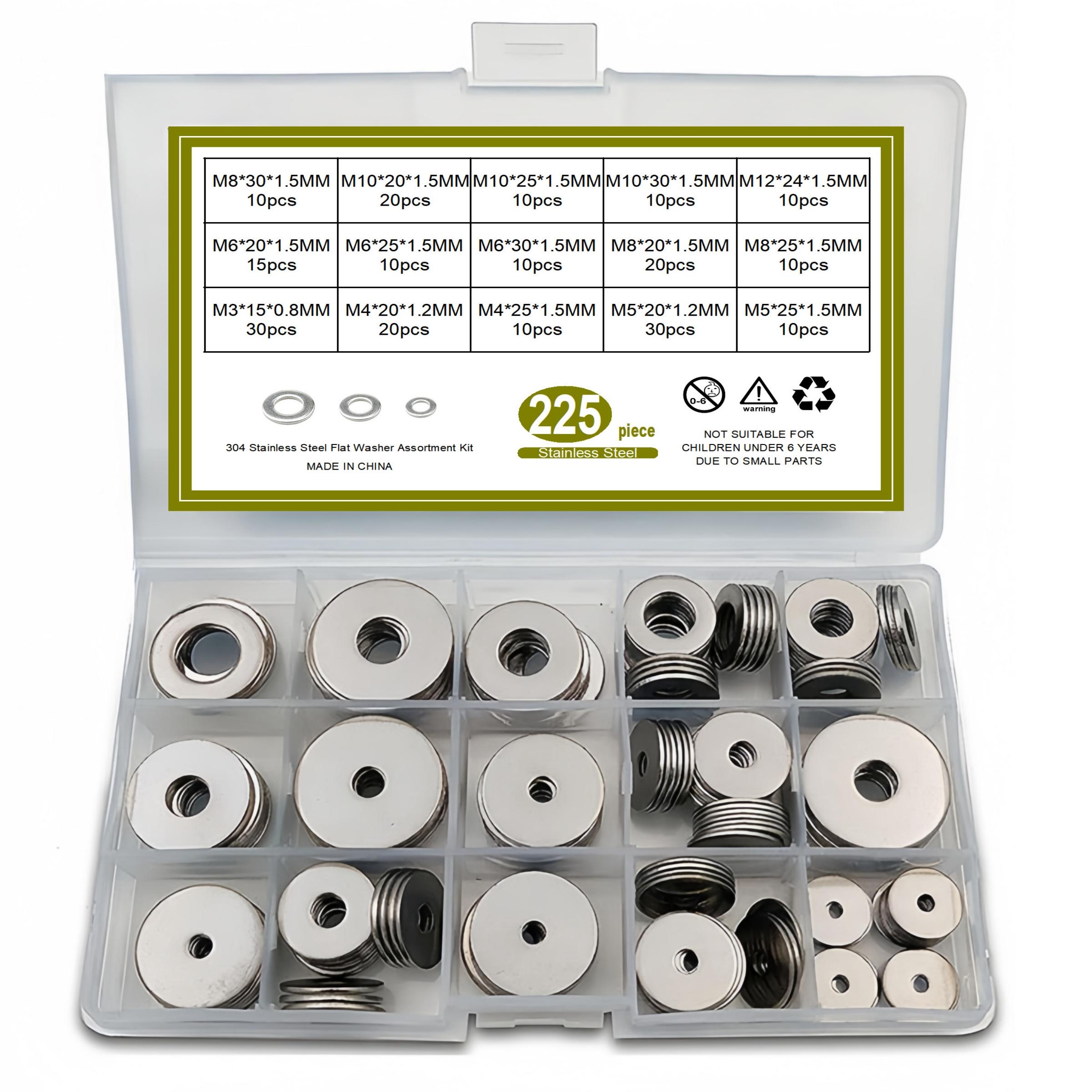 Stainless Steel Flat Washer, Mixed Size Flat Washer Set, Durable and Sturdy Flat Washer Assortment Kit for Home and Industrial Use, Heavy Duty