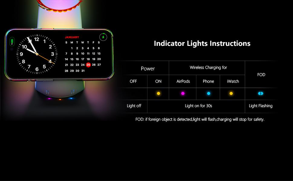 4 in 1 Wireless Charging Station LED RGB light for Apple Magnetic Wireless Charger Stand for iPhone 12-16series/Watch,Airpods/Airpod Pro (no plug)