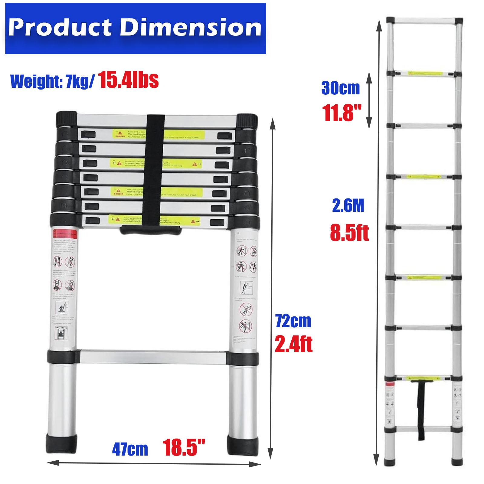 8.5FT 2.6M Telescoping Ladder Aluminum Multi-purpose Extension Ladder EN131 Standard, 330lbs Load, Portable Folding Ladder, 8 Steps, Easy to Collapse Space Saving, with Anti-Slip Feet 8.5FT 2.6M Telescoping Ladder Aluminum Multi-purpose Extension Ladder EN131 Standard, 330lbs Load, Portable Folding Ladder, 8 Steps, Easy to Collapse Space Saving, with Anti-Slip Feet