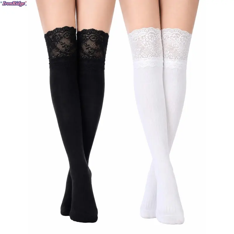Women's 2-Pairs Long Sock Set, Soft Fabric Y2K Lace Trim Knee-High Socks, Vintage Aesthetic Casual Wear Stockings for Fall Winter Daily Outfits & Retro Style