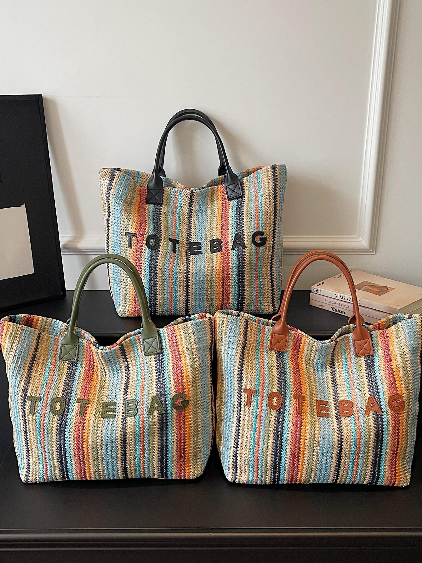 Simple Versatile Letter Decor Handwoven Straw Casual Tote Bag, Carry-Handle Design, Ideal for Daily Use, Beach Vacations, Outdoor Activities
