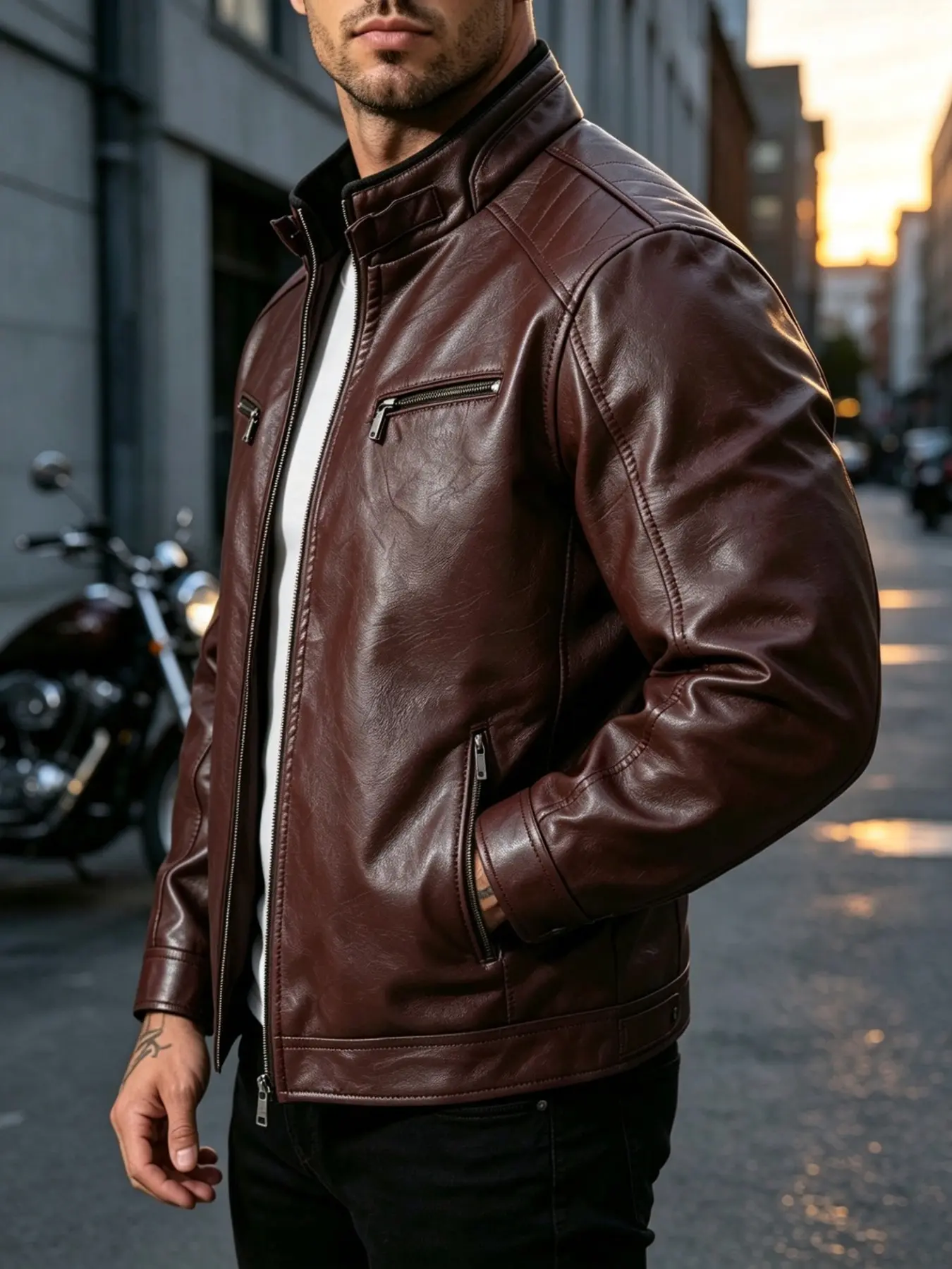 Men's Stand Collar PU Leather Jacket, Zipper Motorcycle Coat, Multiple Pockets, Fitted Style, Fall Outdoor Riding Camping Fashion Outerwear