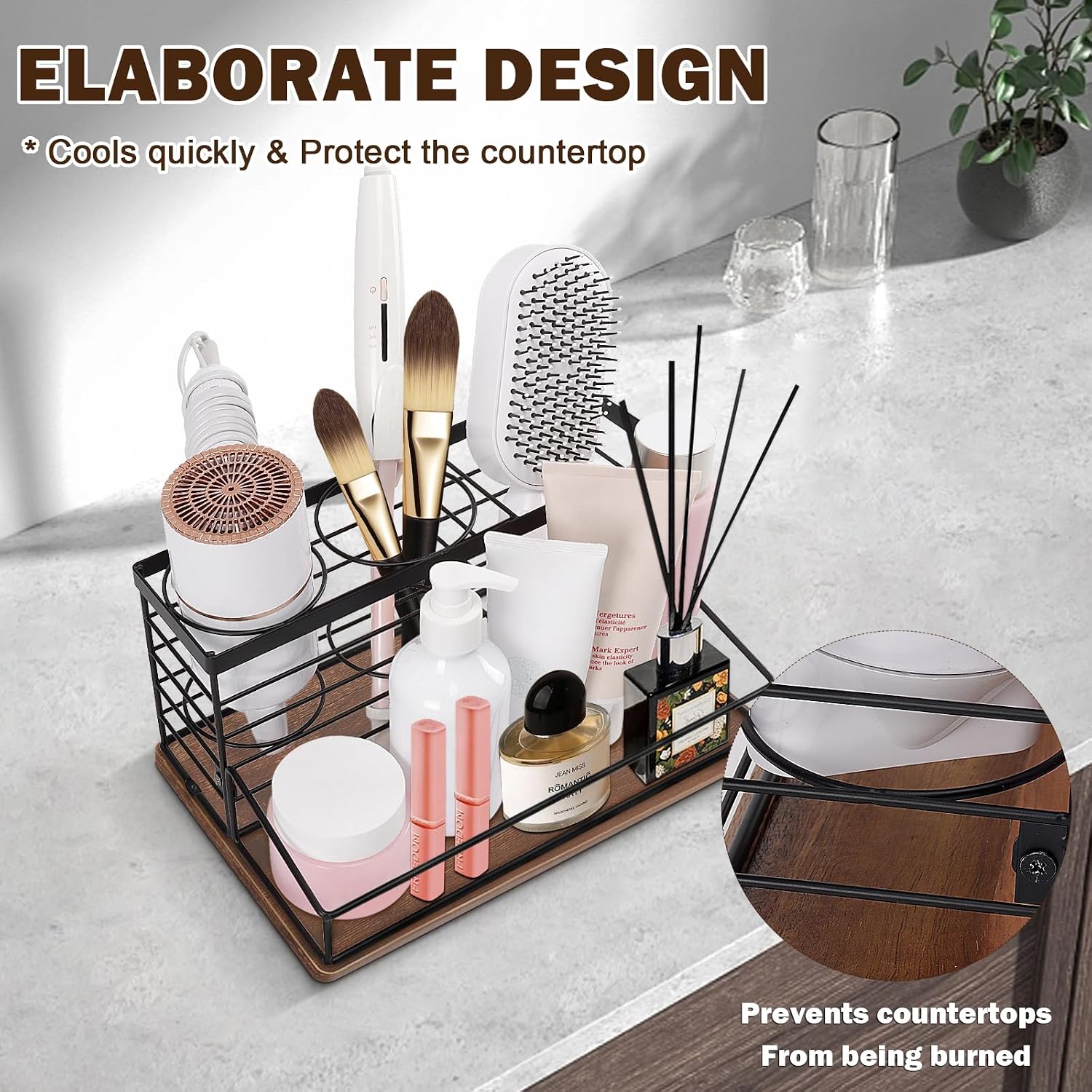 Hair Tool Organizer, Movable Hair Dryer Holder, Hair Styling Tools Storage for , Bath Counter Organizer, Bathroom Trays for Hair Toiletry, Makeup (12" x 7.7" x 5.8", -Black)