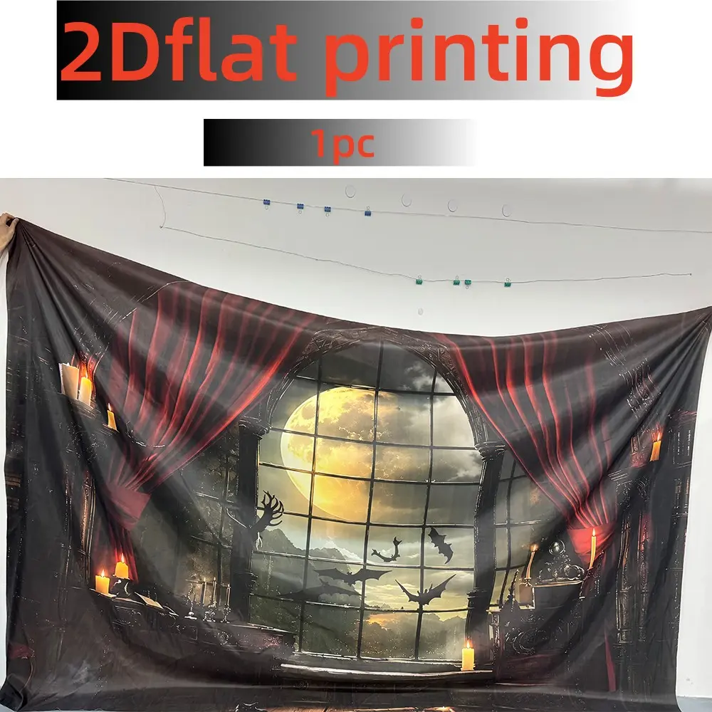 1PC 2D Flat Halloween Backdrop with Gothic Arched Window, Red Velvet Curtains, Candles, Full Moon and Bats Polyester Fabric for Home Decor, Halloween, Castle Study Themed Parties, Atmospheric Photo Backdrops, Indoor & Outdoor Wall Decoration