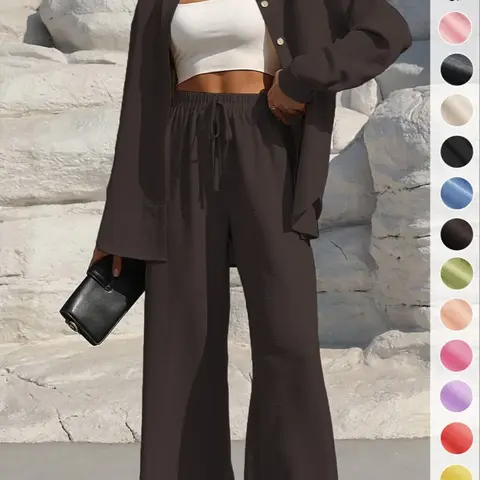 Women's Solid Button Front Shirt & Wide Leg Pants Set, Casual Two-piece Set, Women's Spring & Fall Clothes for Daily Wear, Casual Relaxed Lounge Set